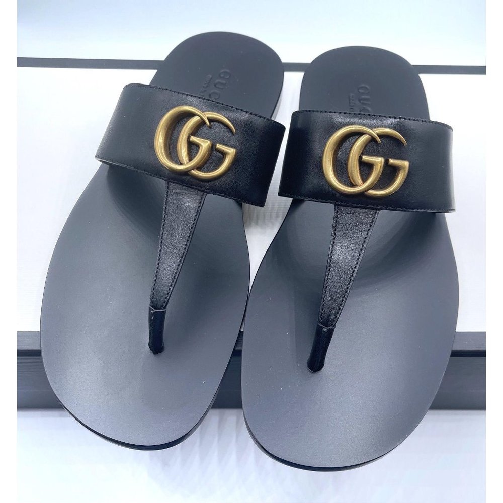 NIB Gucci Men Double G Leather Thong Sandals In Black Size 7